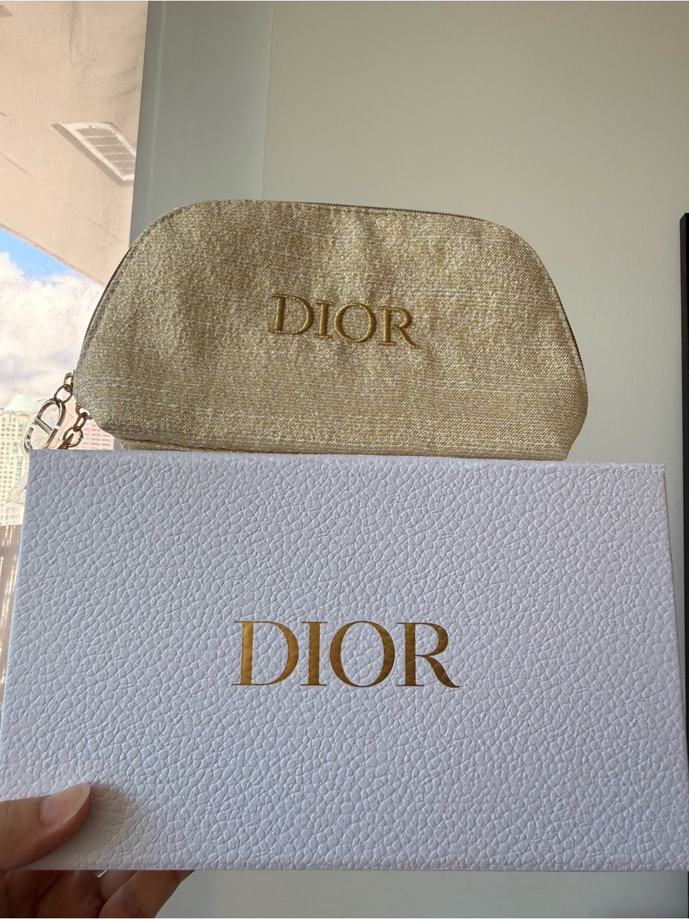 NIB DIOR Gold Cosmetic Pouch – Metallic Gold Makeup Bag